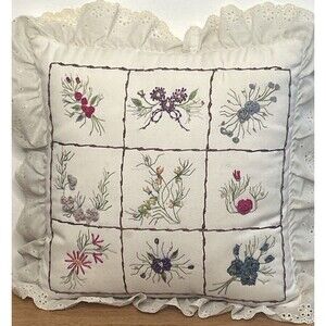 Floral Needlework Pillow 14"x14" Handmade Lace Boho Shabby Chic Baby Gift Garden